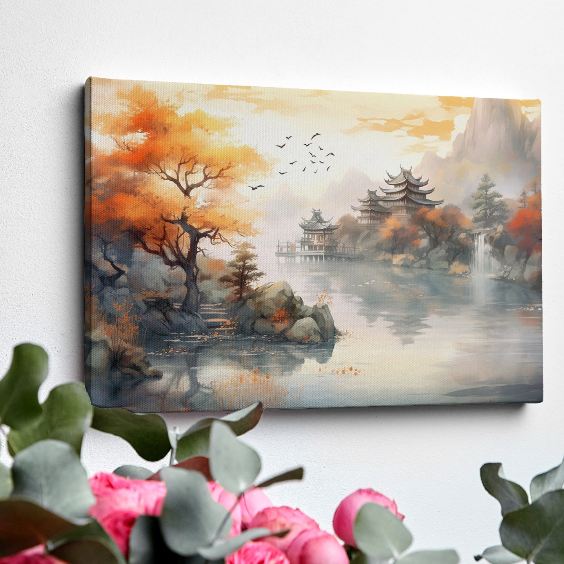 Framed canvas print of an Asian-inspired scene featuring traditional Chinese pagodas amid autumnal trees by a misty lake with a waterfall