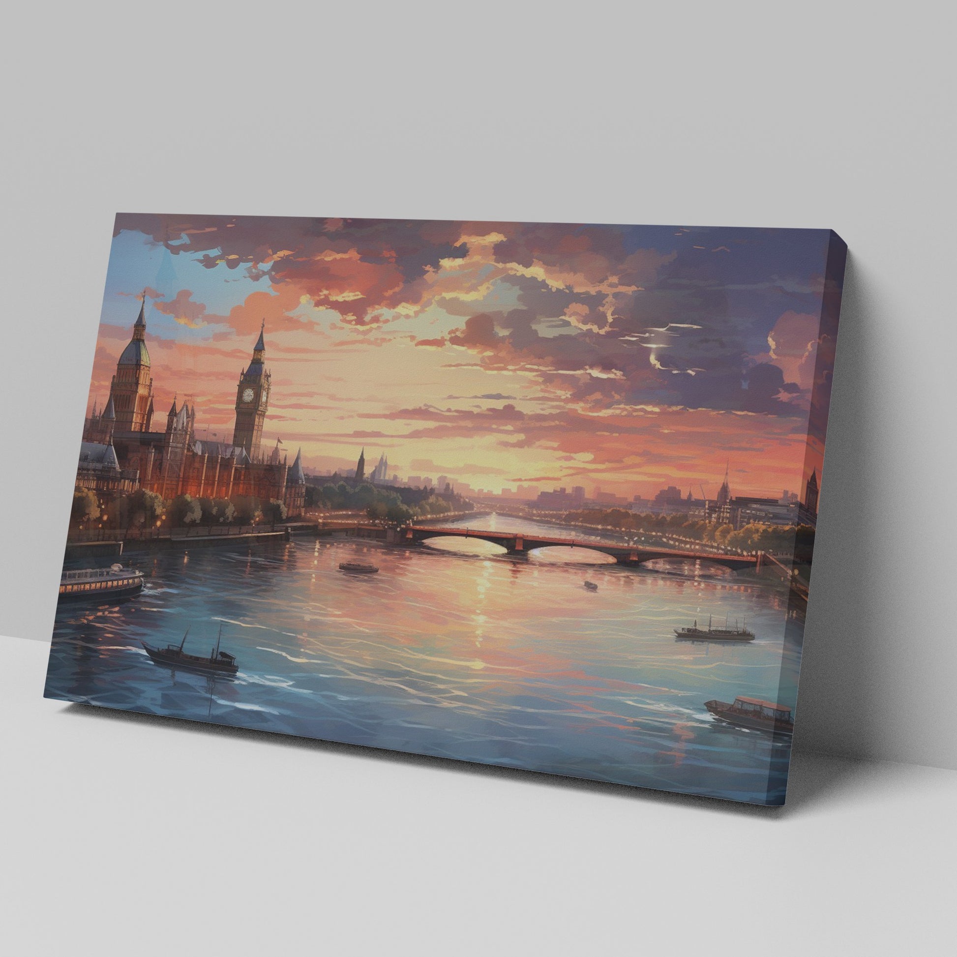 Framed canvas print of a scenic London skyline at sunset with vibrant hues and the River Thames