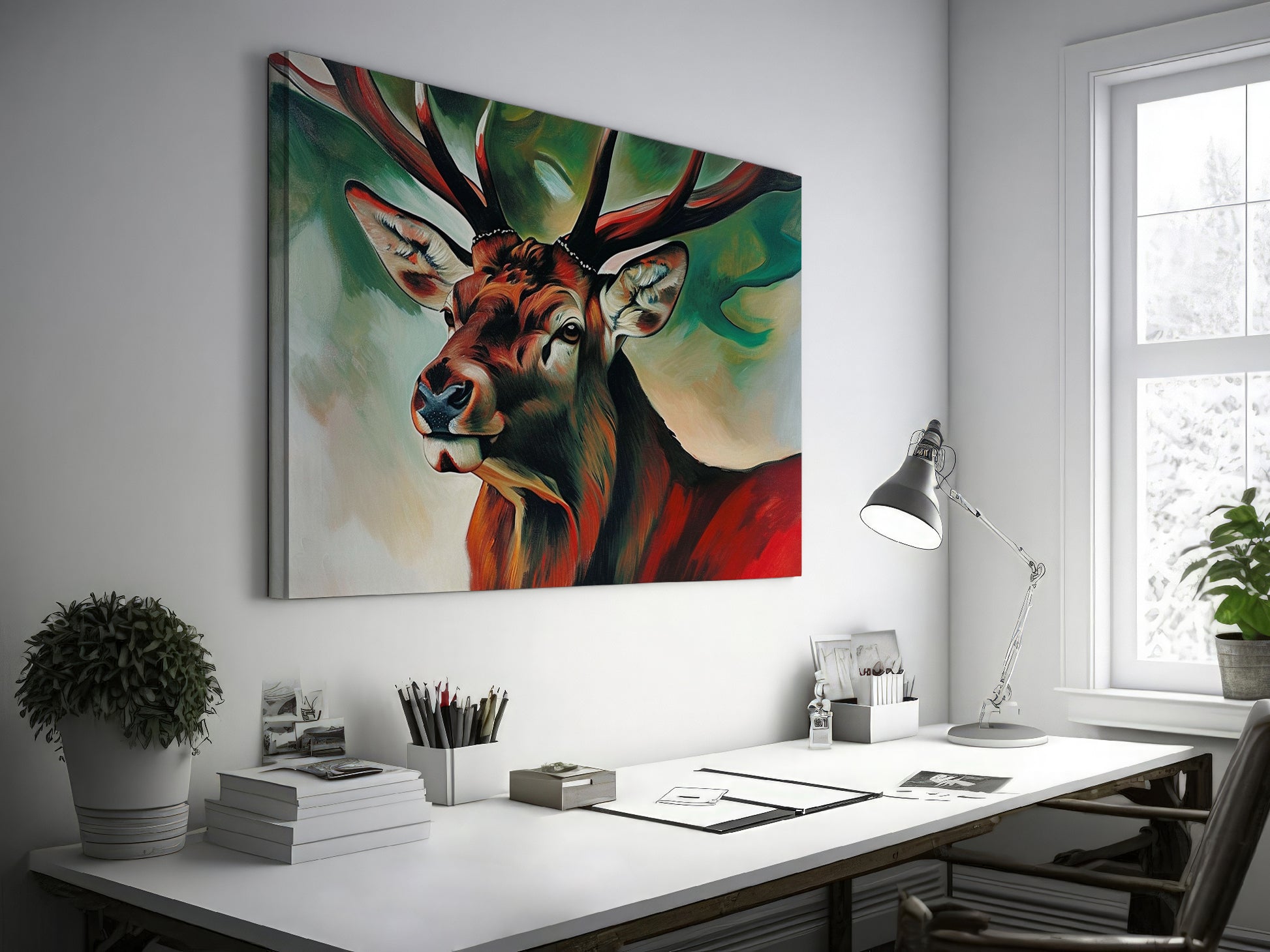 Framed canvas print of an expressive stag portrait with vibrant reds and abstract green background