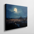 Framed canvas print of a moonlit rustic meadow with a full moon, golden tones and blue hues