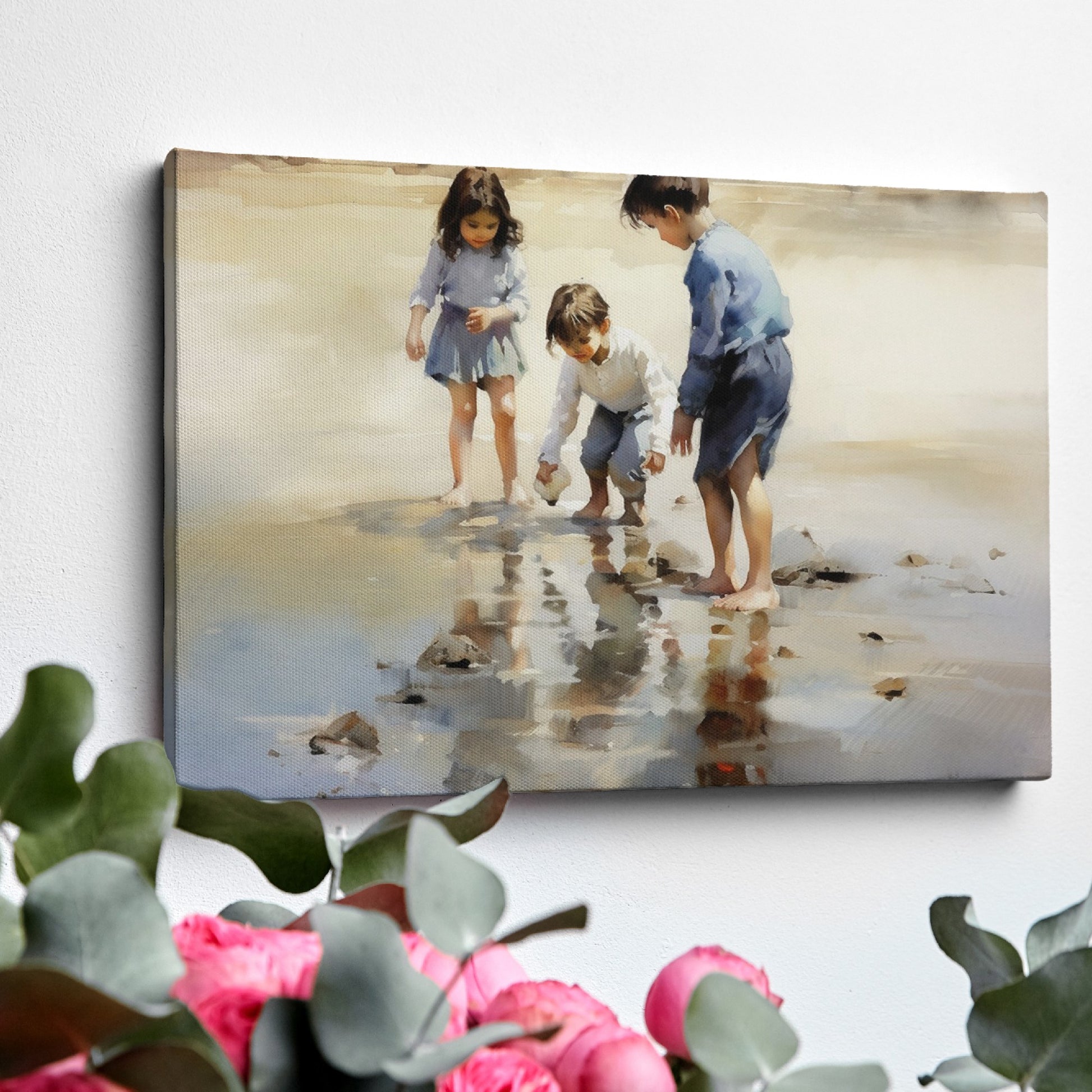 Framed canvas print of children playing by the seashore with a watercolor effect