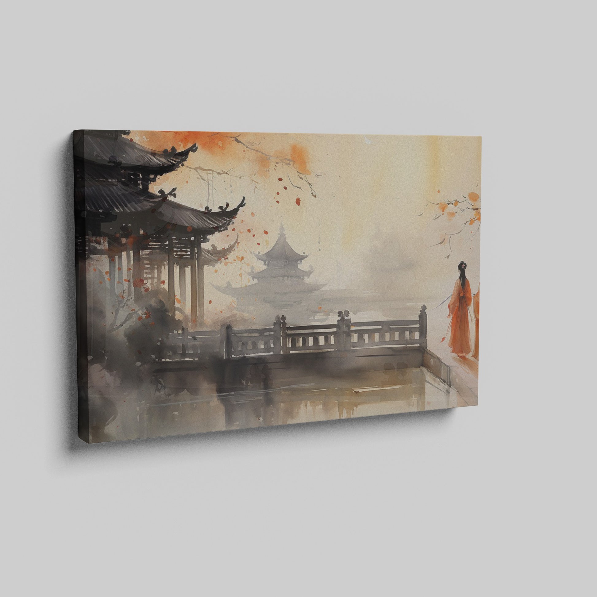 Framed canvas print of traditional Chinese ink wash painting with figures in orange robes and pagodas