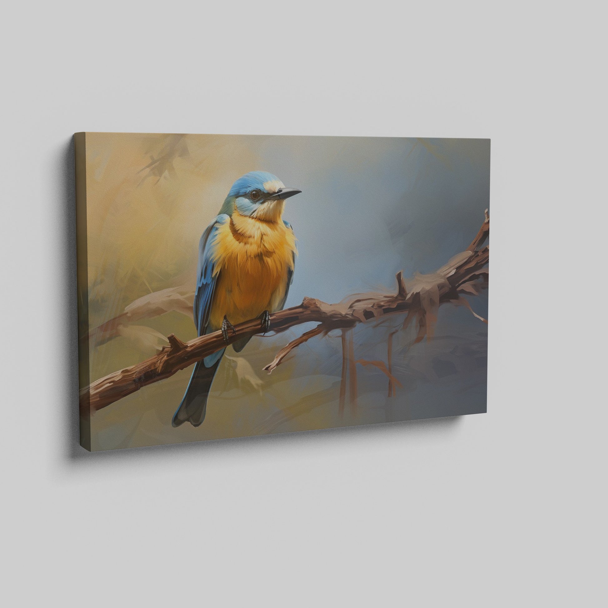 Framed canvas print of a realistic bluebird perched on a branch with vibrant blue and yellow colours