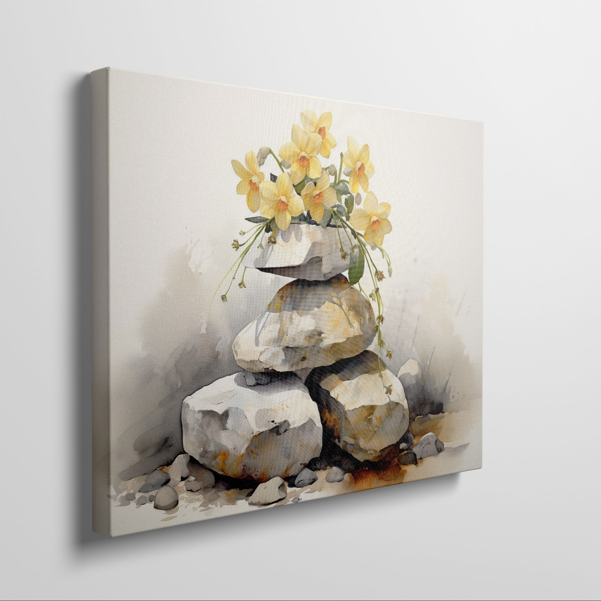 Framed canvas print of a Zen garden scene with watercoloured flowers and stones