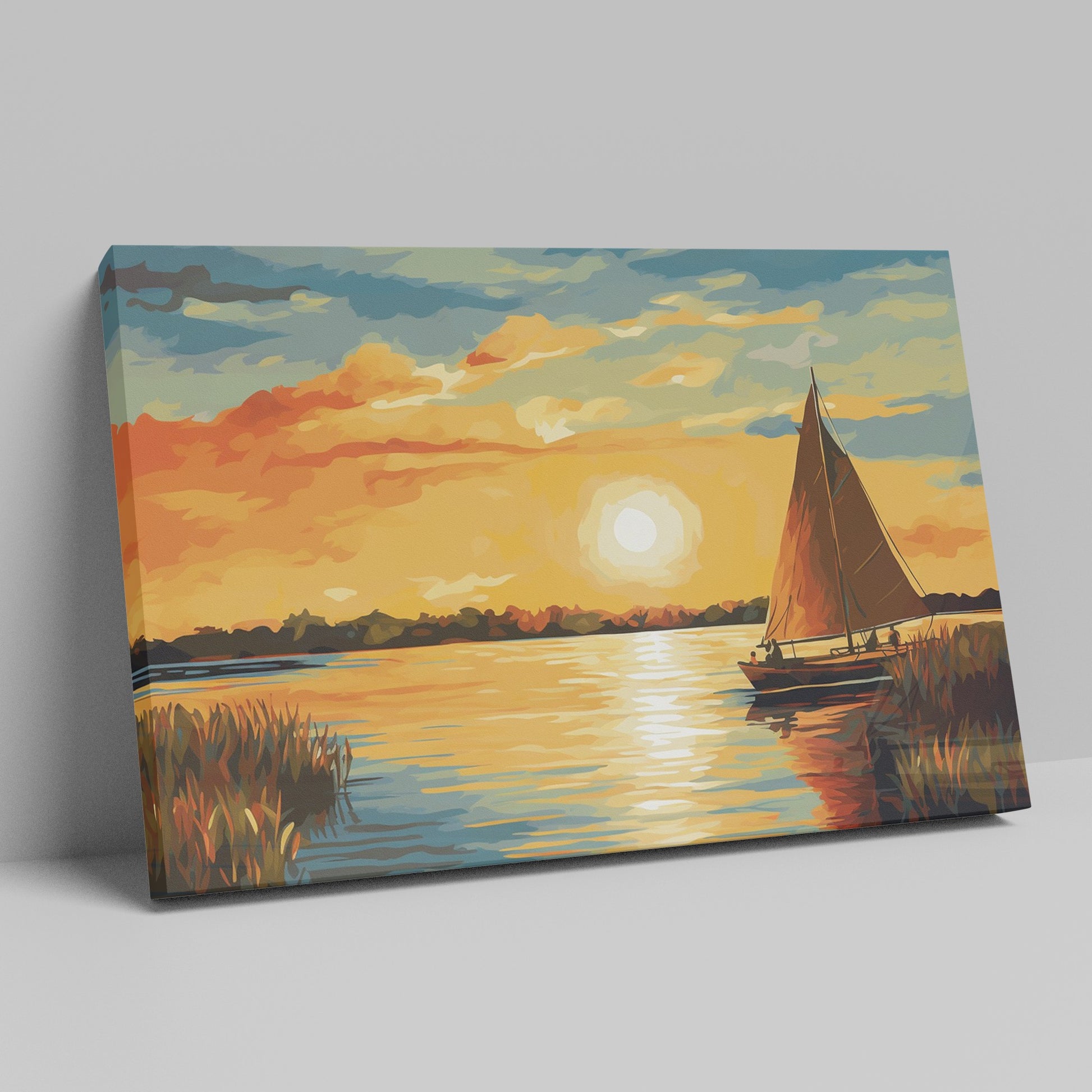 Vibrant sunset over water with a silhouette of a sailboat and reflective sunlight on the ocean