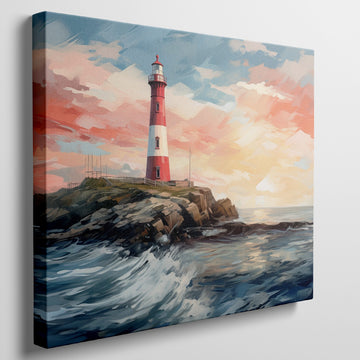 Framed canvas print of a vibrant sunset seascape with a red and white lighthouse on a cliff