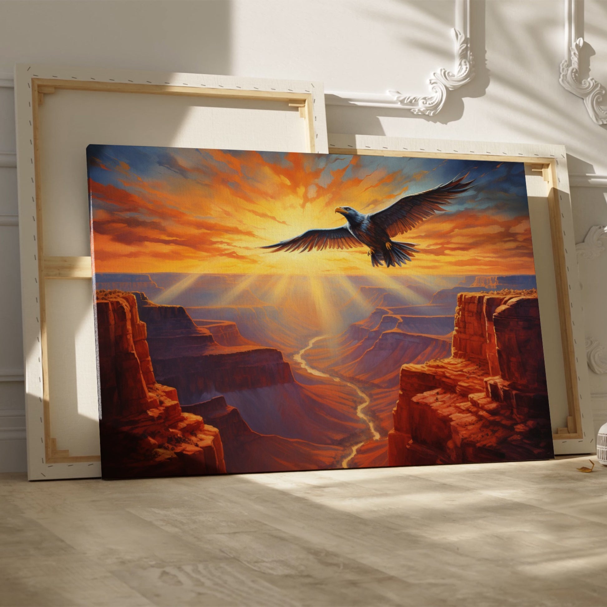 Framed canvas print of a majestic eagle soaring over a stunning canyon at sunset with radiant orange and red hues