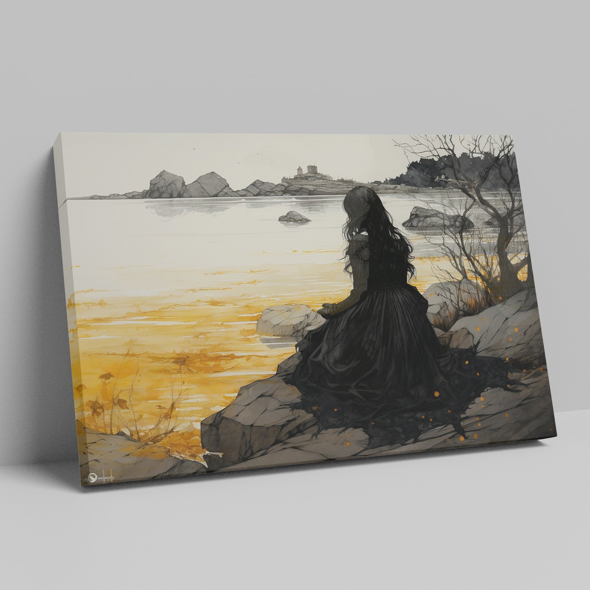 Framed canvas print of a woman in a gothic gown overlooking a golden sunset seascape with a castle