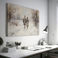 Framed canvas print of a couple walking hand-in-hand through a tranquil snowy landscape with warm earthy tones and soft whites.