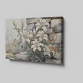 Framed canvas print of elegant white lilies with orange flowers against a rustic stone background, in watercolour style