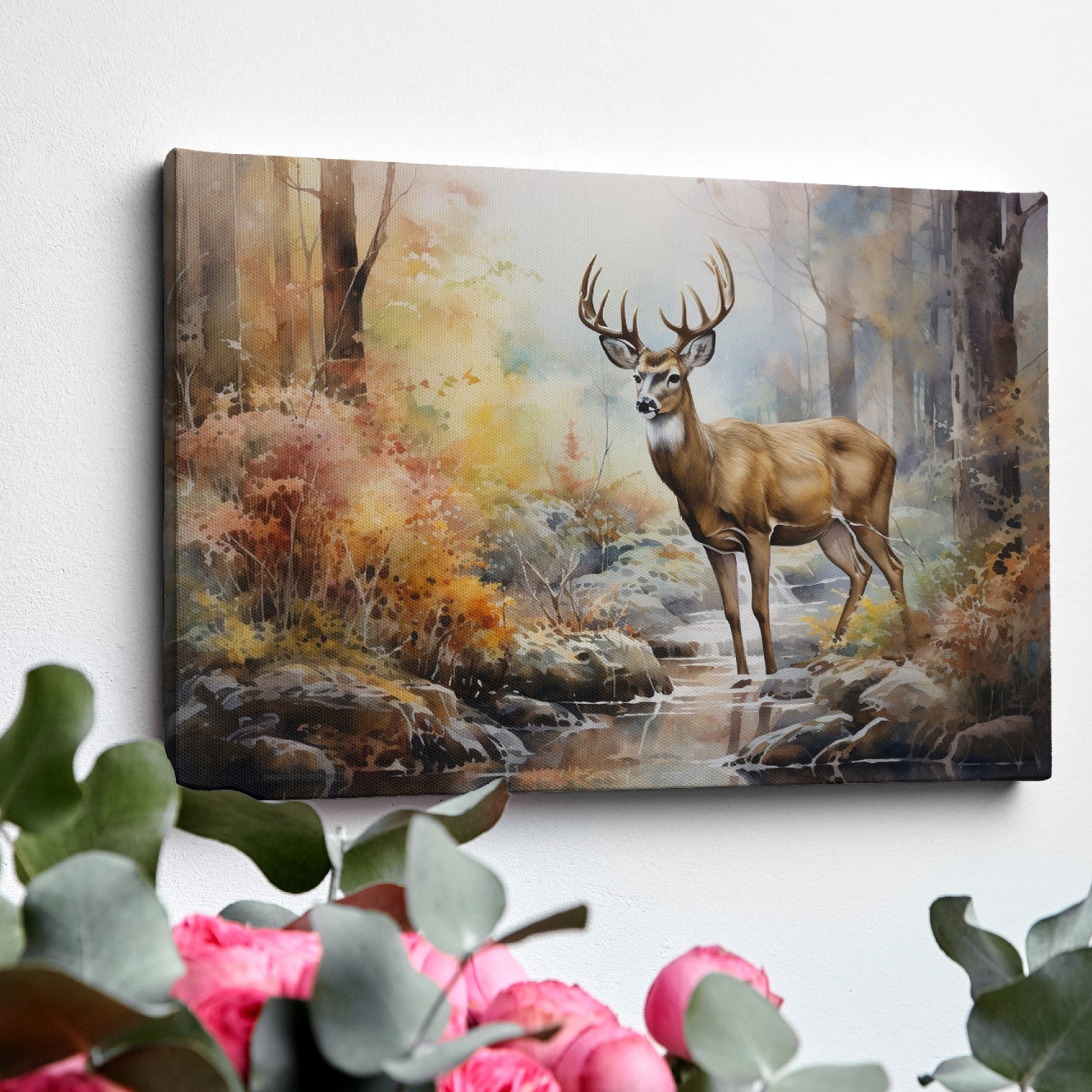 Framed canvas print of a stag in a watercolour autumn forest