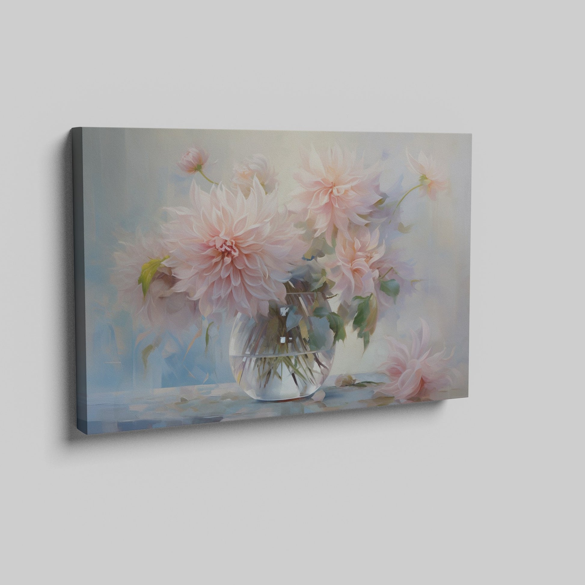 Framed canvas print of delicate dahlias in a glass vase with a soft pastel palette