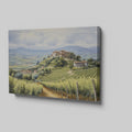 Framed canvas print of a tranquil Tuscan vineyard with rolling hills and Italian country houses