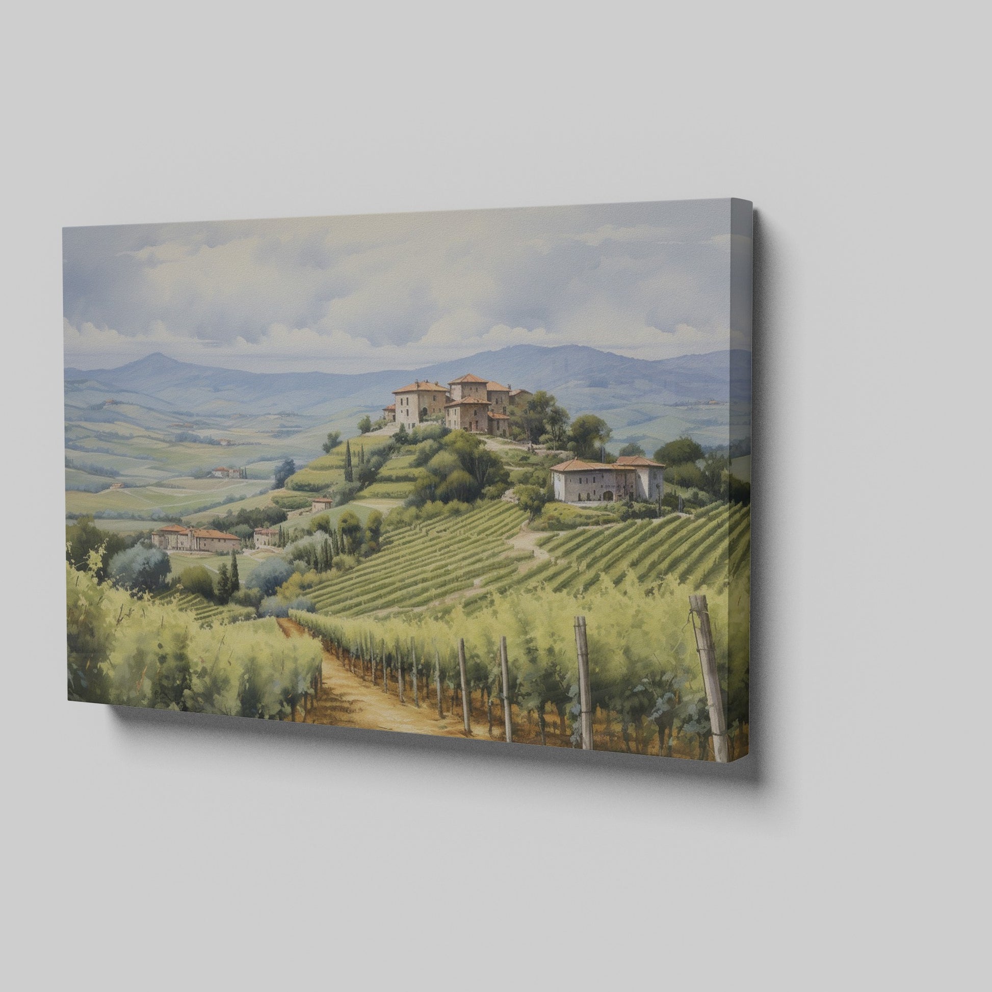 Framed canvas print of a tranquil Tuscan vineyard with rolling hills and Italian country houses