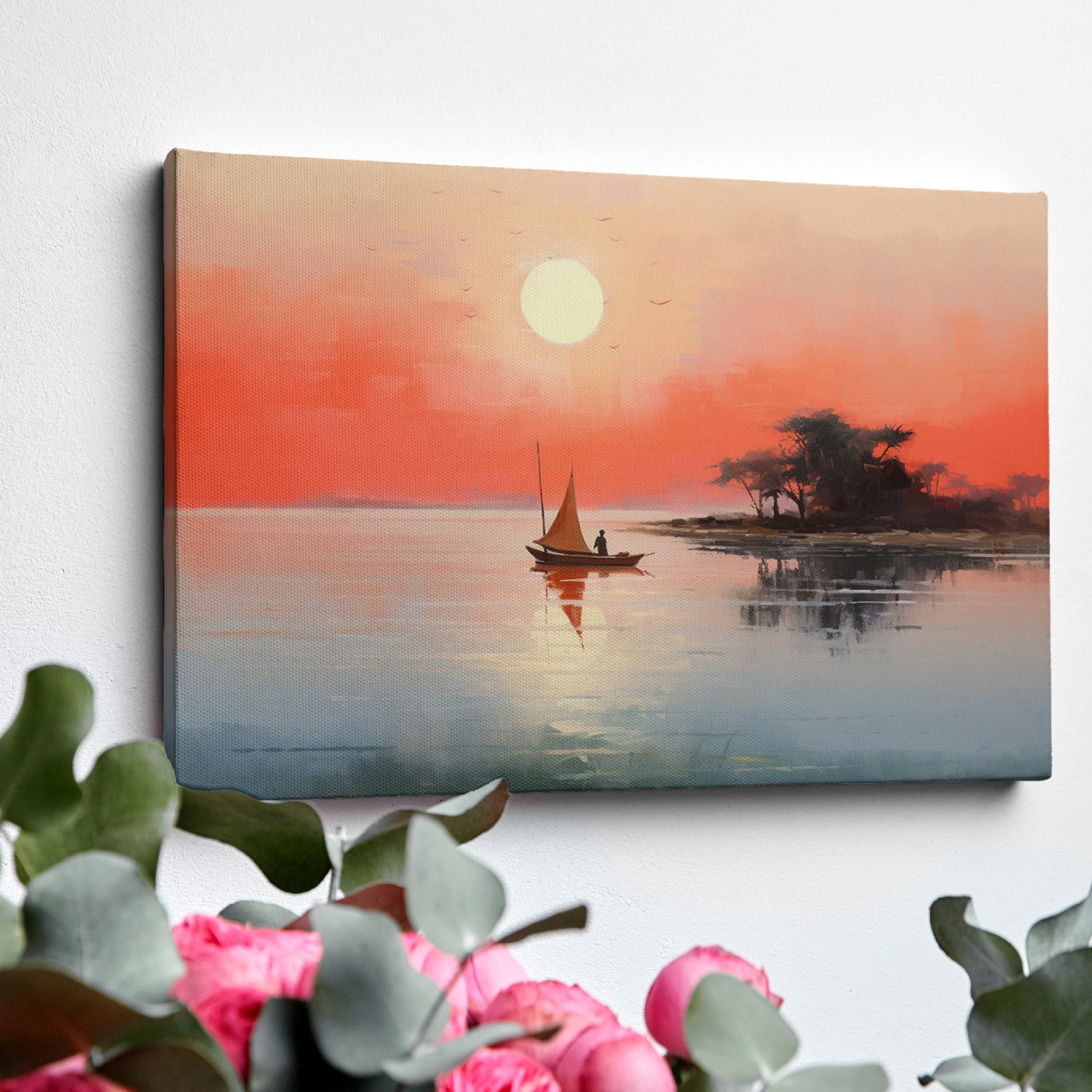 Framed canvas print of a sailboat on calm waters with sunrise and warm hues