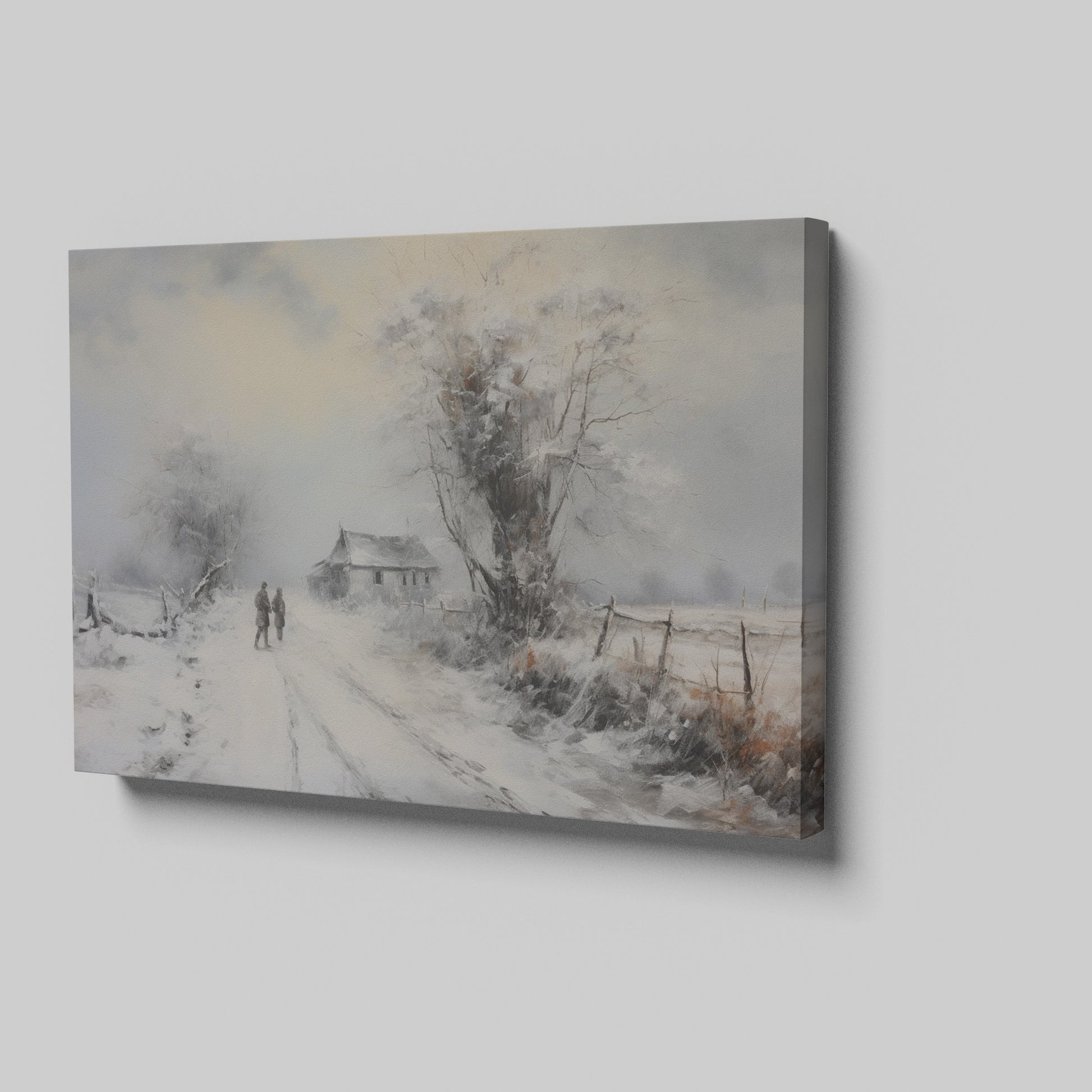 Framed canvas print of a snowy countryside scene with walking figures and a rustic cottage