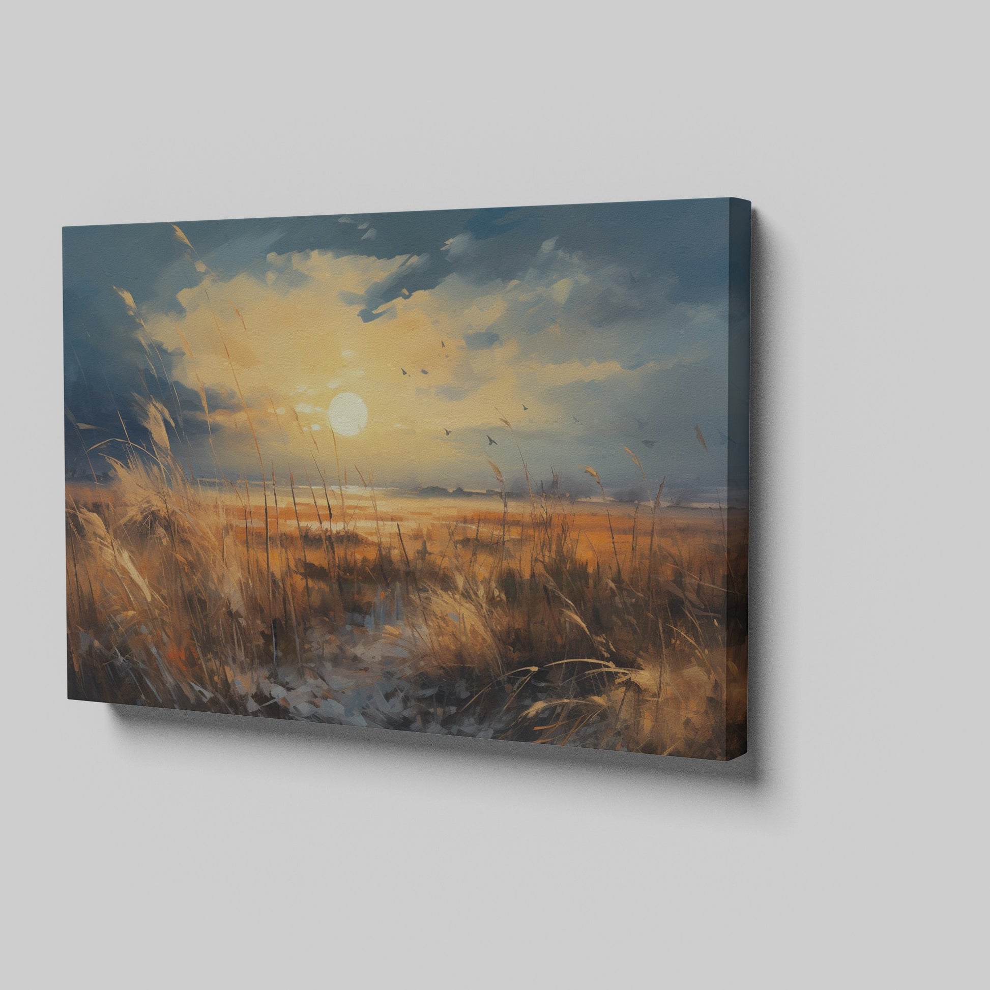 Framed canvas print of a rustic sunset with tall grasses and birds against a dramatic sky