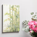 Framed canvas print of a tranquil bamboo grove in warm and cool shades, ideal for a nature-inspired interior