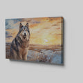 Framed canvas print of a Siberian Husky against a sunset landscape