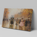 Framed canvas print of a Victorian-era Parisian boulevard in autumn with elegantly dressed figures and a horse-drawn carriage