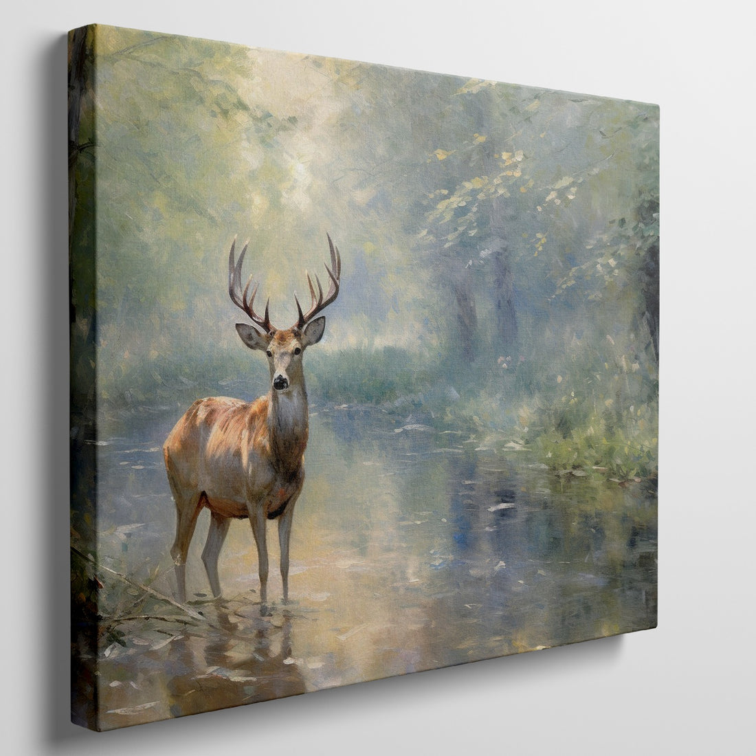 Impressionist painting of a stag in a sunlit forest with gentle brush strokes in greens and blues