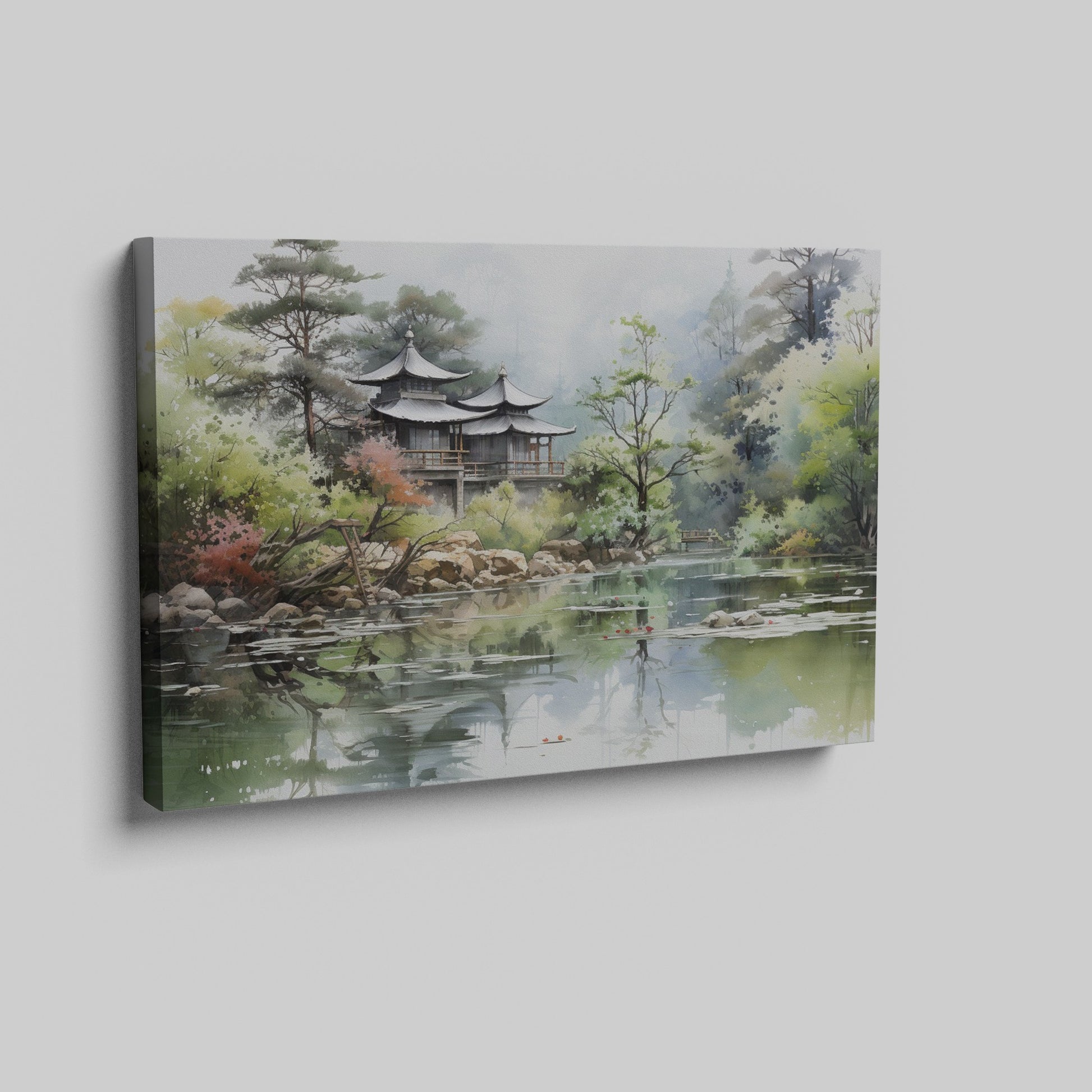 Framed canvas print of an Asian landscape with traditional pagoda and serene lake