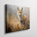 Framed canvas print of an impressionist painting of a fox set against the backdrop of golden autumn leaves and soft brushstrokes