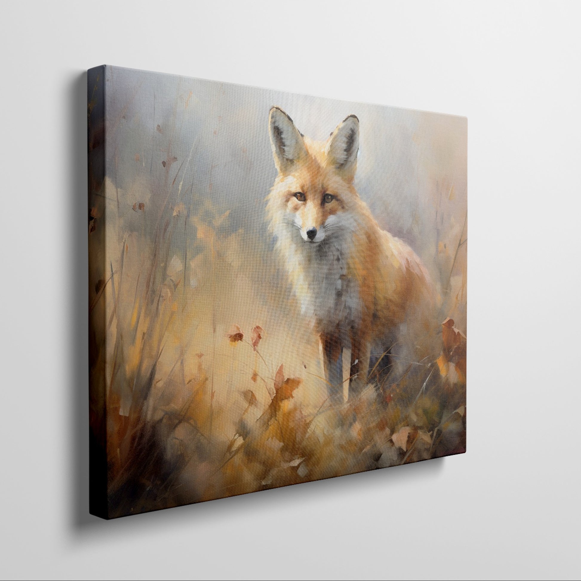 Framed canvas print of an impressionist painting of a fox set against the backdrop of golden autumn leaves and soft brushstrokes