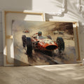 Framed canvas print of a classic Formula One race with vibrant orange racecar in dynamic motion