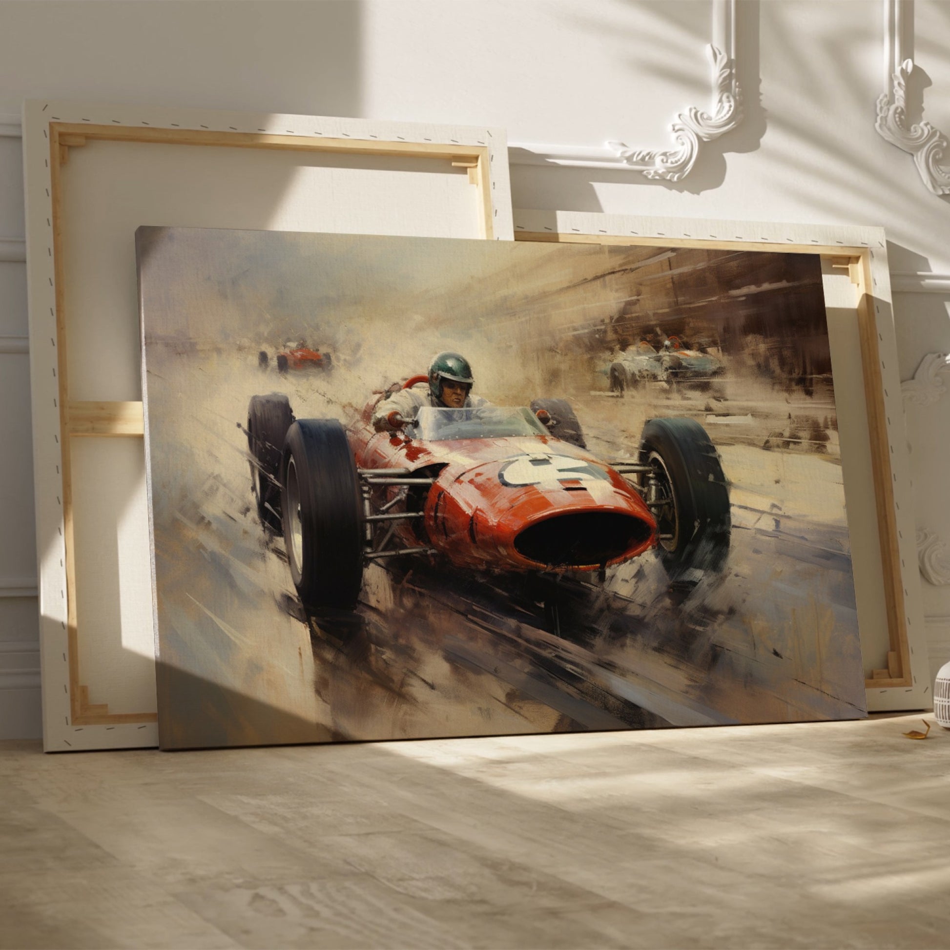 Framed canvas print of a classic Formula One race with vibrant orange racecar in dynamic motion