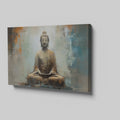 Framed canvas print of a meditative Buddha statue with abstract background in warm and neutral tones