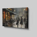 Framed canvas print of a romantic couple on a rainy evening stroll in a vintage style cityscape