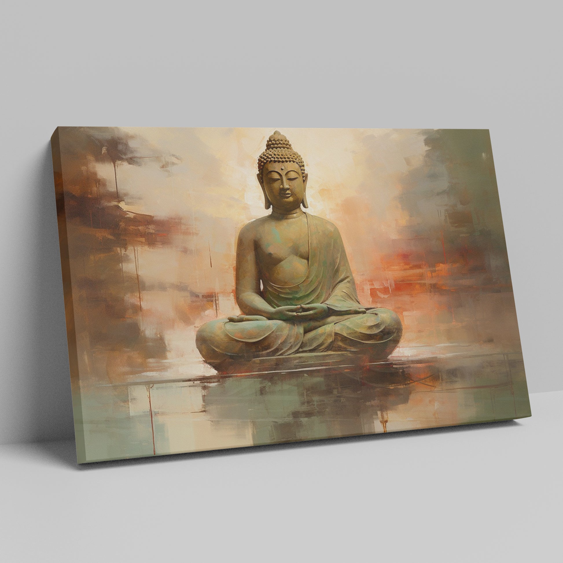 Framed canvas print of a serene Buddha in meditation with abstract background