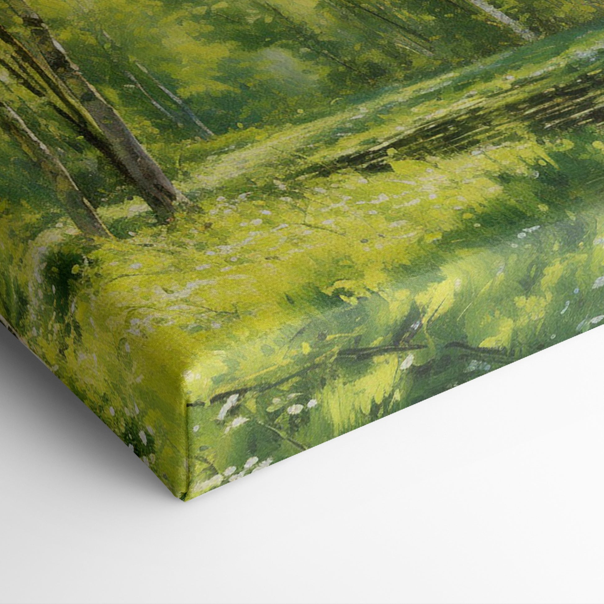 Framed canvas print of a lush forest scene with birch trees and a stream with sunlight filtering through green leaves