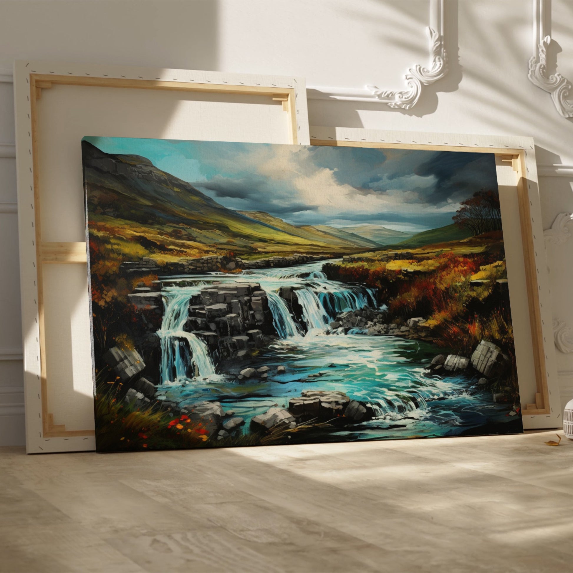 Framed canvas print of an autumnal waterfall landscape with vibrant colours and a dynamic sky