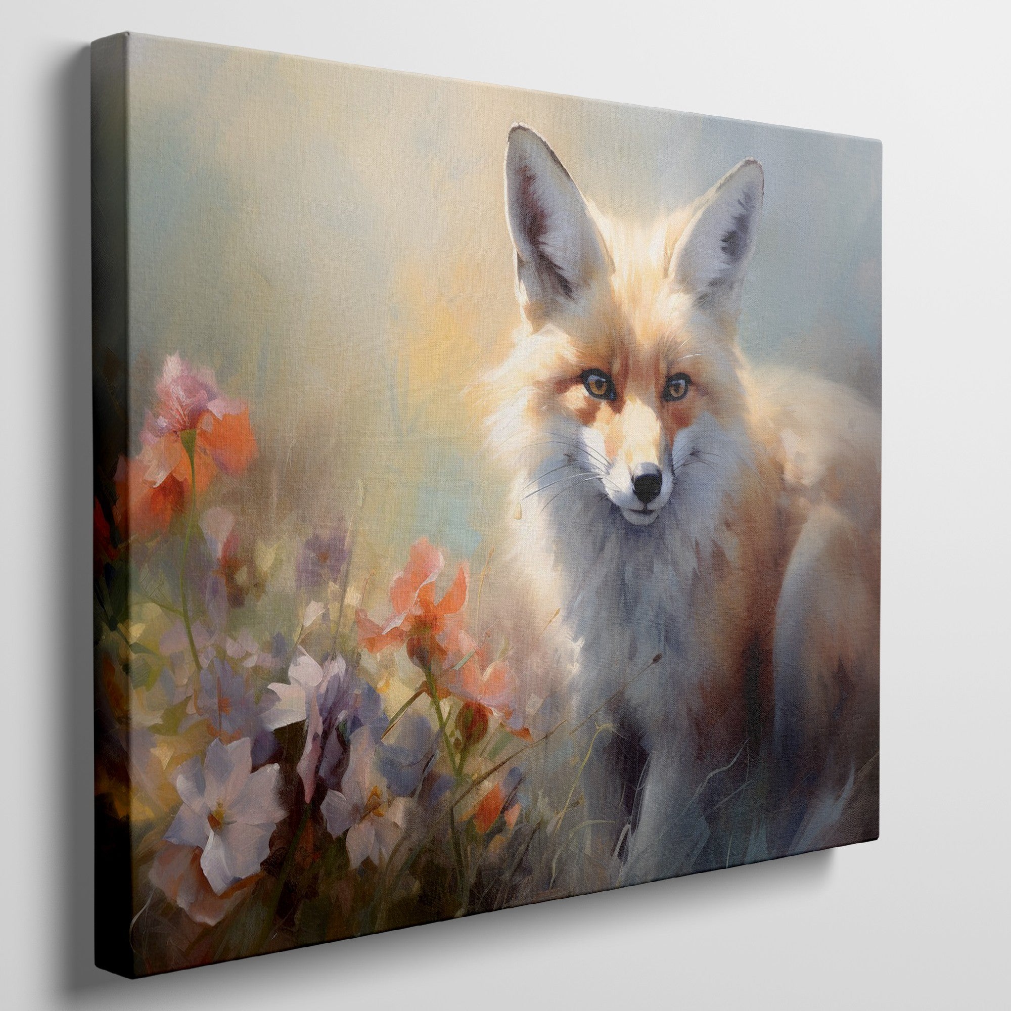 Framed canvas print of a majestic fox among vibrant wildflowers, with warm and impressionistic tones