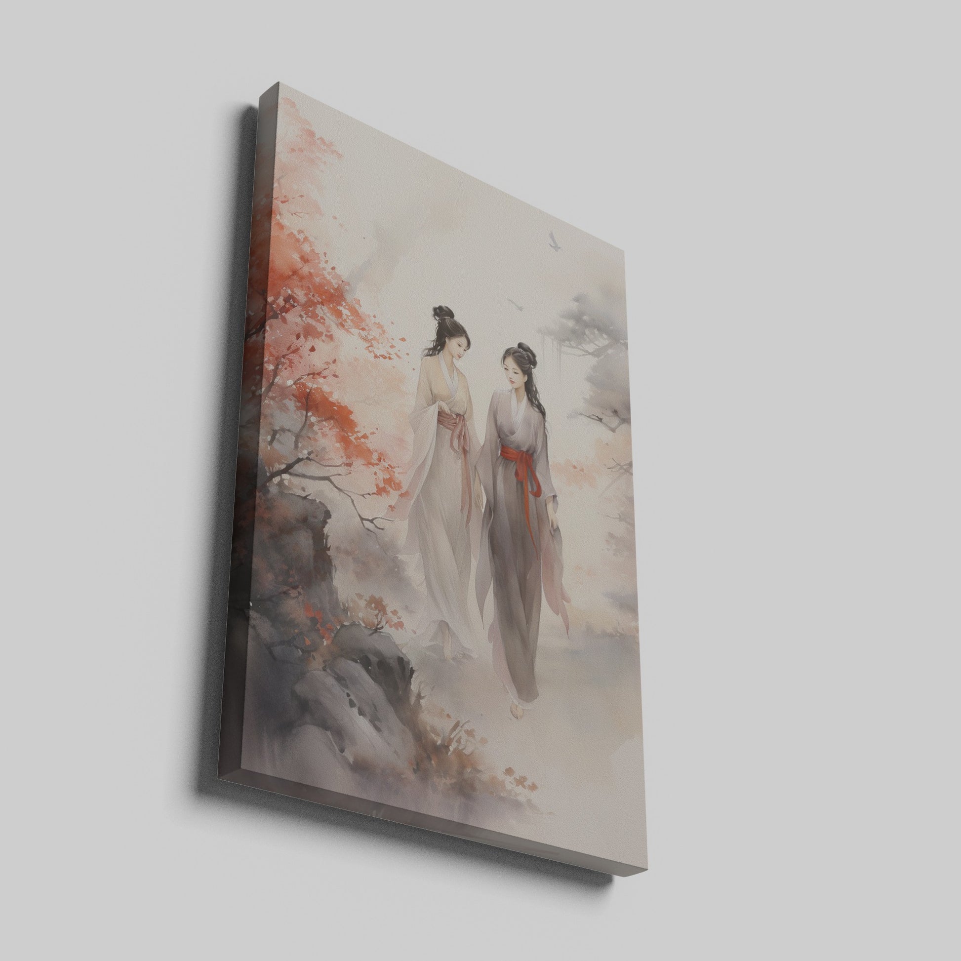 Framed canvas print of two traditional Chinese ladies in an autumnal landscape with red maples