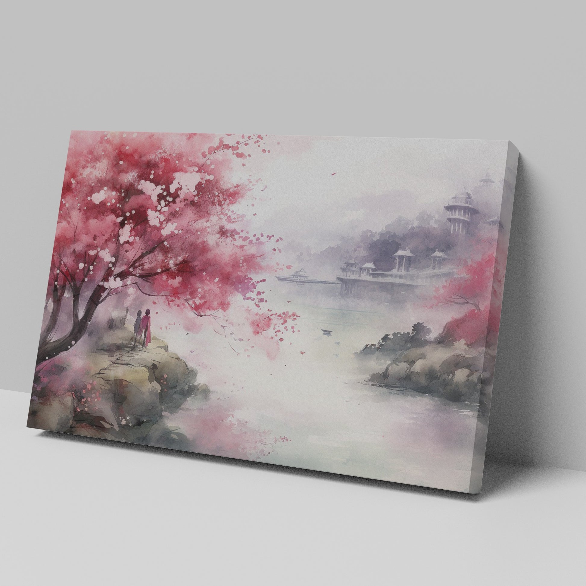 Framed canvas print of a watercolour cherry blossom landscape with figures and traditional architecture