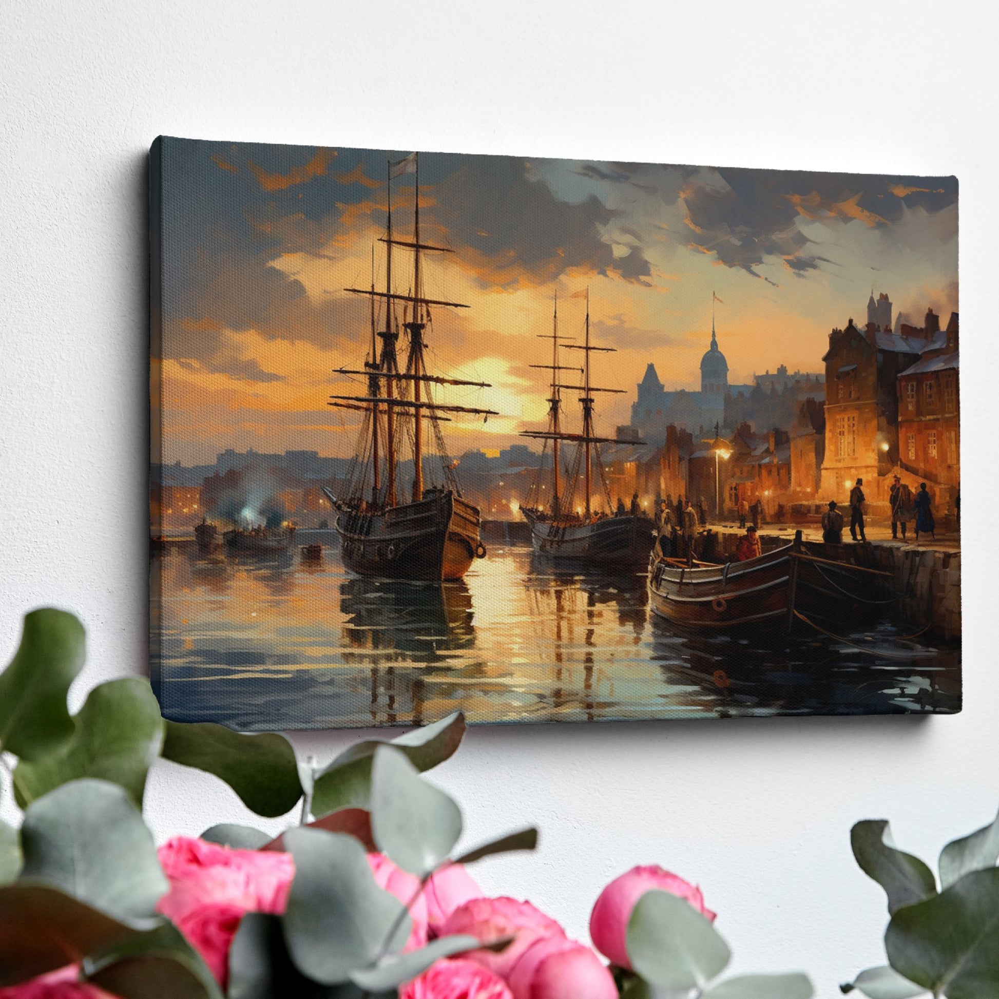 Framed canvas print of a historical port with sailing ships at sunset, featuring warm golden hues and reflective water