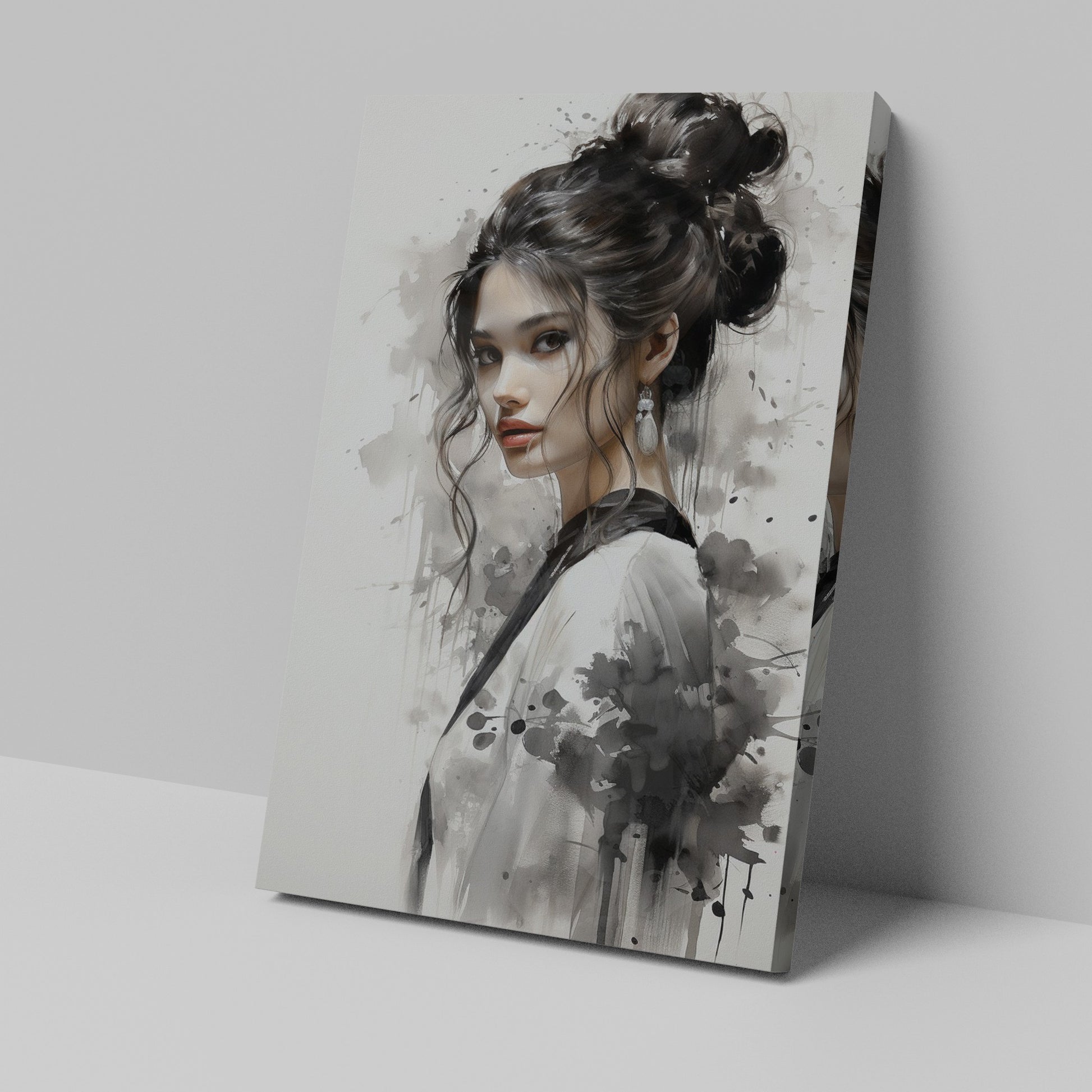 Framed canvas print of an abstract woman portrait in monochrome with dynamic ink splashes