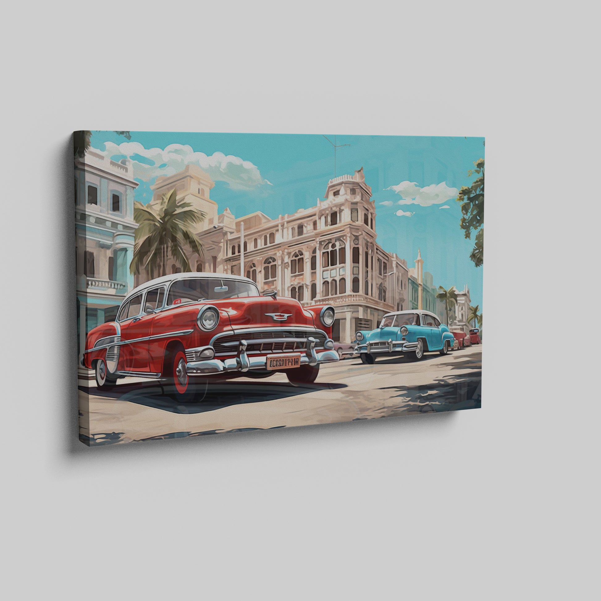 Framed canvas print of vintage cars and historic urban street scene in vibrant colours