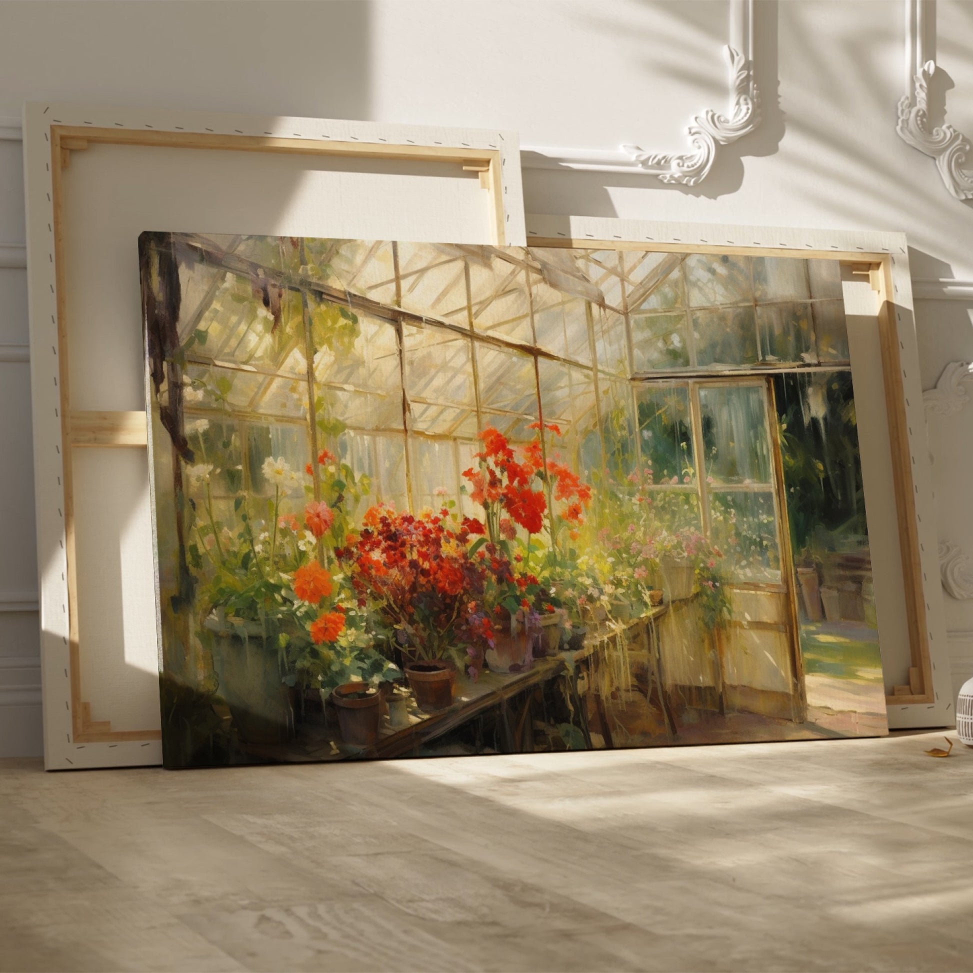 Framed canvas print of a vibrant greenhouse scene with blooming flowers and sunlit warmth