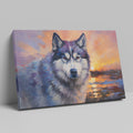 Framed canvas print of an impressionistic Siberian Husky with a vibrant sunset