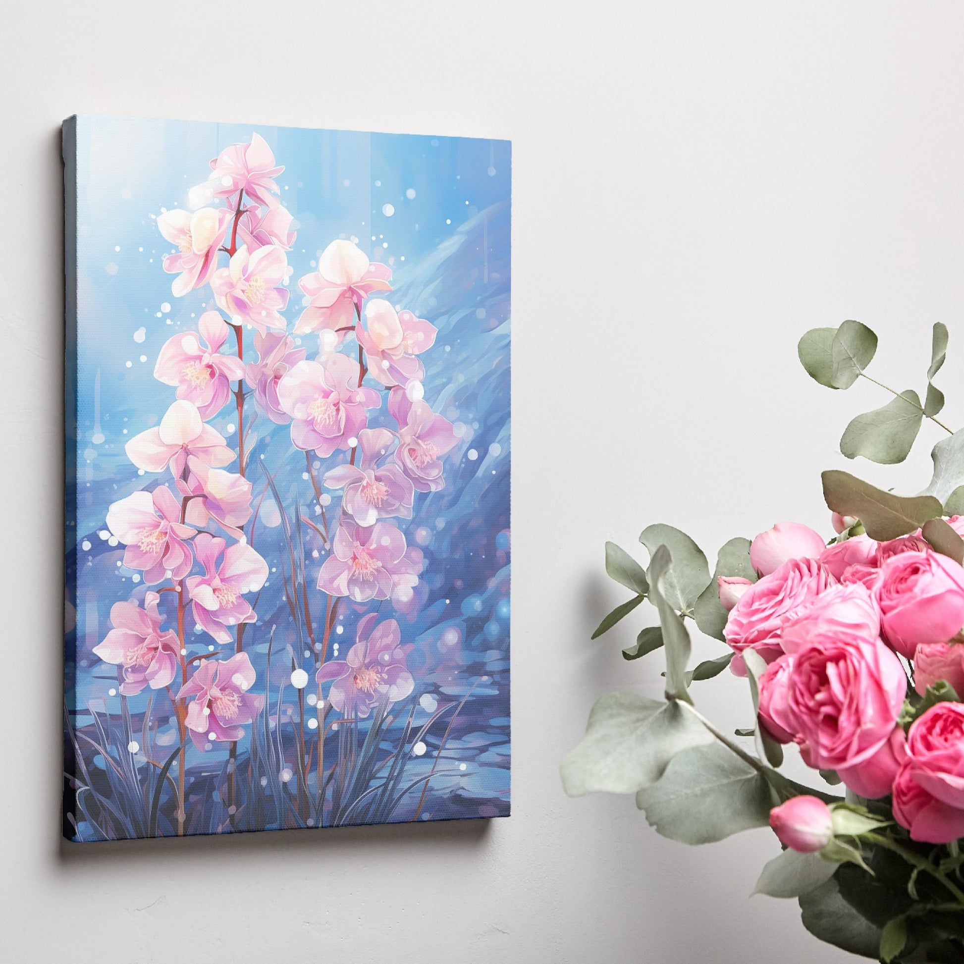 Framed canvas print of radiant pink orchids against a blue backdrop with watercolor textures