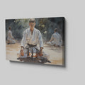 Framed canvas print of martial artists in meditation at a dojo