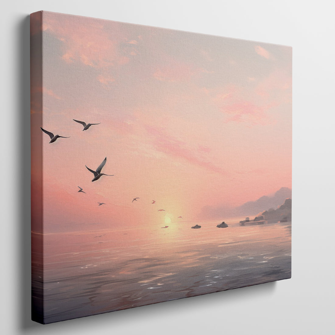 Framed canvas print of a serene seascape at sunset with flying birds and calm ocean waters