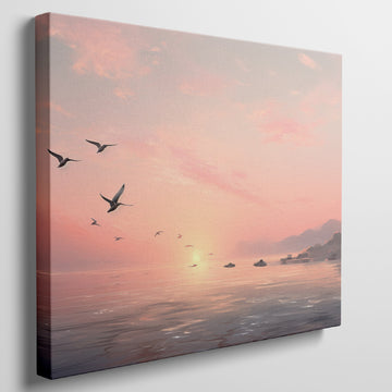 Framed canvas print of a serene seascape at sunset with flying birds and calm ocean waters