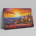 Framed canvas print of an Impressionist Tuscan landscape with a vibrant sunset sky, overlooking lavender fields and rustic houses.