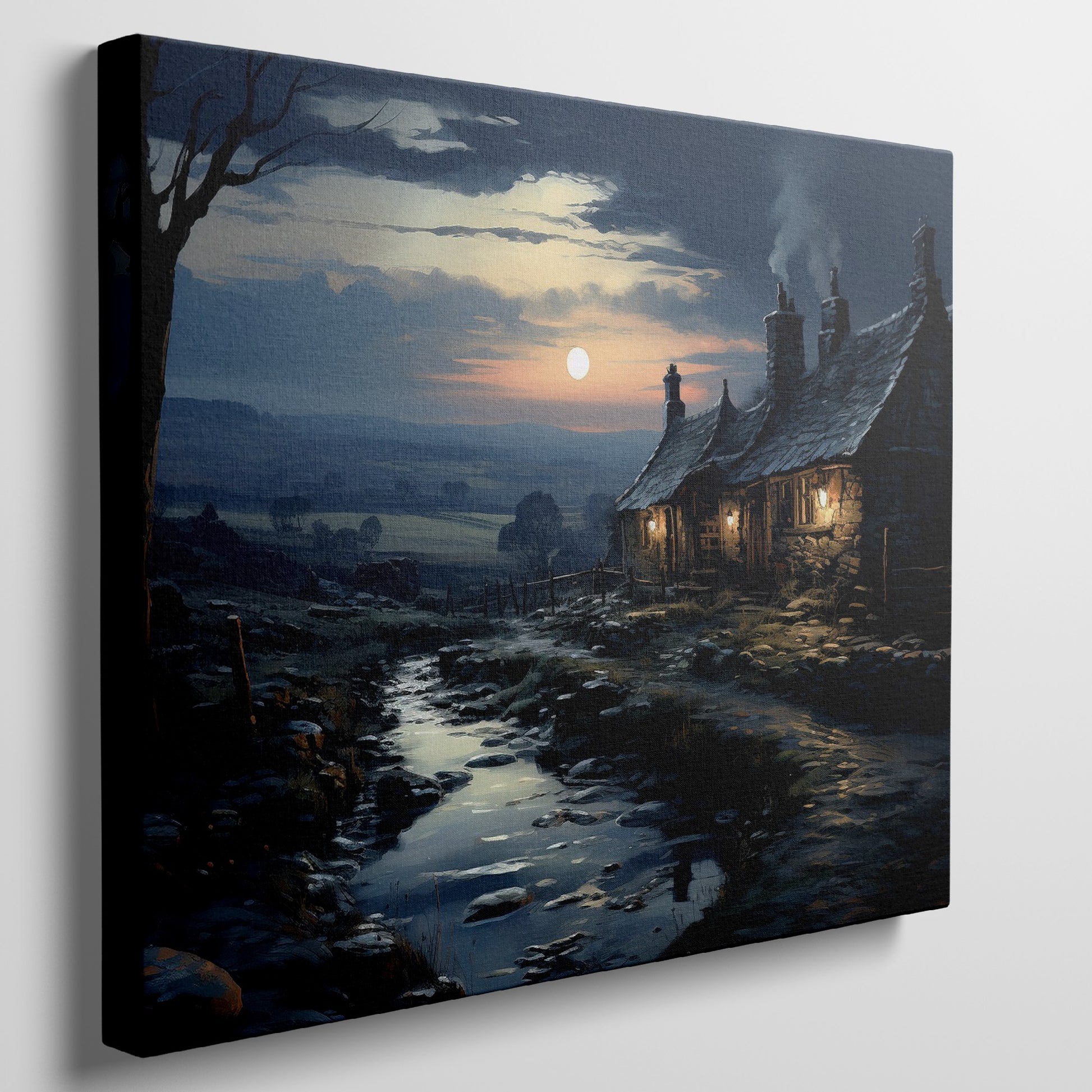 Framed canvas print of a tranquil rural cottage scene at dusk with reflections in a stream