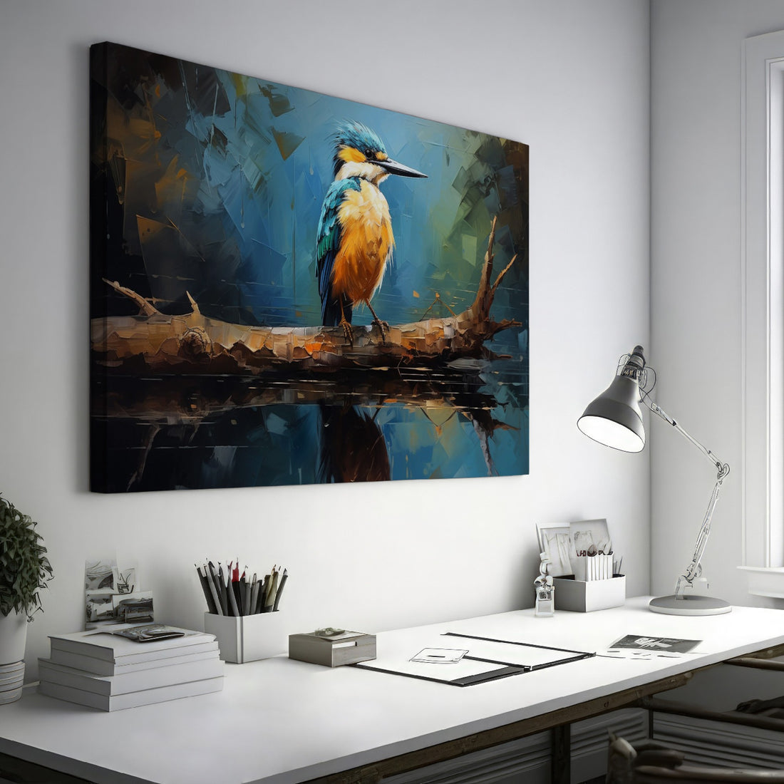 Framed canvas print of a Kingfisher bird with vibrant blue and orange plumage, perched on a branch over reflective water